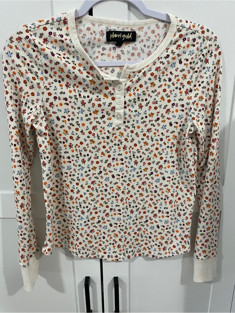 Planet Gold Cream Floral Ribbed Henley Long Sleeve Top